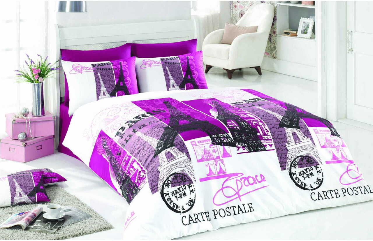 Lenjerie de pat dubla King (EU) (ES), L'essentiel Maison, Paris, Alb / Fuchsia / Negru - imagine 3